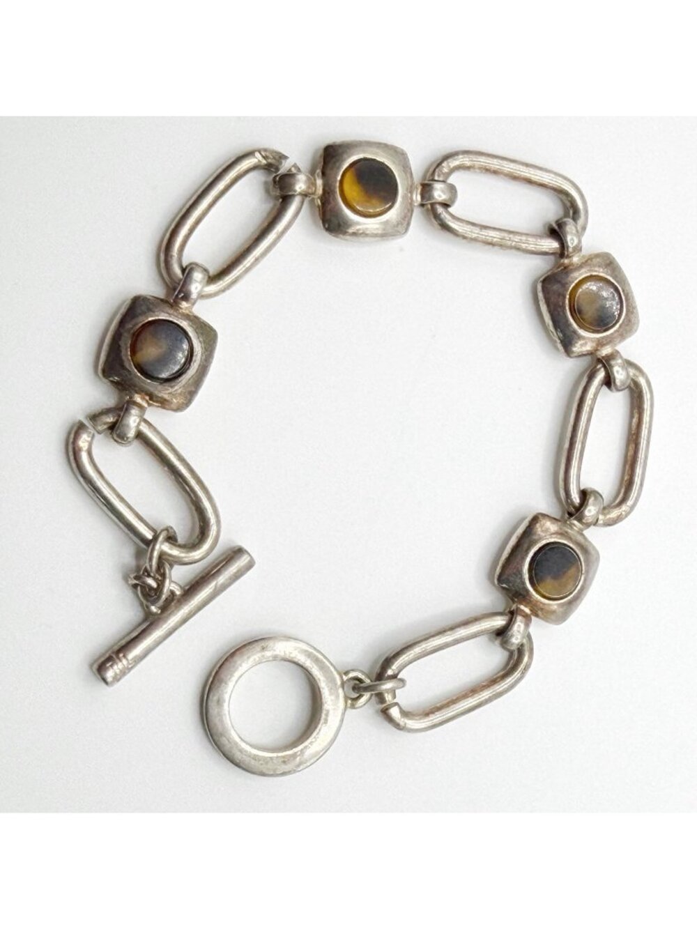 Lauren Ralph Lauren‎ Silver Plated Toggle Bracelet W/Tortoise Resin Cabs 7.5”